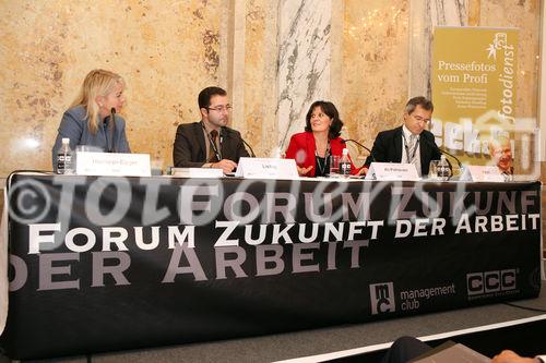 (C) fotodienst/Anna Rauchenberger - Wien, 13.11.2008 - 3. Forum Zukunft Der Arbeit: Trotz wirtschaftlich herausfordernder Zeiten bleibt der Fachkräftemangel in Österreich akut. Beim 3. Forum Zukunft der Arbeit diskutieren ExpertInnen, warum Zuwanderung ein Gewinn ist und wie sie zukünftig gesteuert werden sollte. FOTO v.l.: Univ.-Prof. DI Dr. Edeltraud Hanappi-Egger (WU Wien), Dr. Thomas Liebig (Division für Internationale Migration des Arbeitsmarktdirektorats der OECD), Zohreh Ali-Pahlavani (AK Wien, Abteilung Arbeitsmarkt), DI Herbert Paierl (Präsident Management Club)