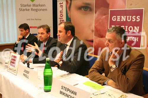 Genußregion Burgenland, Podersdorf 19.9.2008, Landwitrtschaftsminister Josef Pröll, Landesrat Niki Berlakovich, Stephan Mikinovic AMA, Alfred Propst REWE,