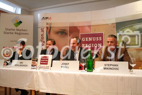 Genußregion Burgenland, Podersdorf 19.9.2008, Landwitrtschaftsminister Josef Pröll, Landesrat Niki Berlakovich, Stephan Mikinovic AMA, Alfred Propst REWE,