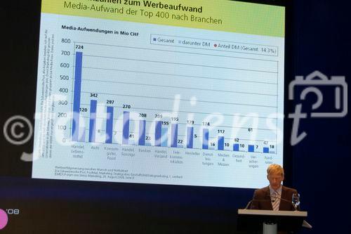 Christof Lenhard, Leiter strategisches Geschäftsfeld Dialogmarketing der Schweizerischen Post präsentiert an der EMEX ( in Zürich die Ergebnisse der Studie über die Messung des Werbeerfolges