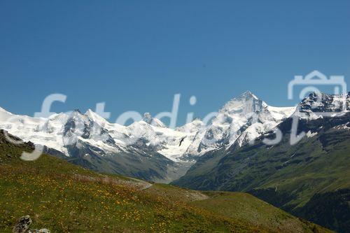 Herrlicher Blick auf die vier Viertausender  Dent Blanche,  Zinalrothorn, , Weisshorn und Matterhorn  bei einer Rundwanderung im Val d’Anniviers. Breathtaking panoramic view to the 