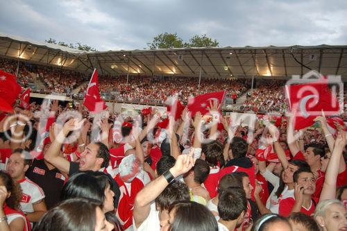 Jubelnde türkische Fussballfans in der Fan-Arena von Zürich. Turkish footballfans celebrating 1:0 for the Turkish Team at the match Germany-Turkey