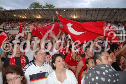 Jubelnde türkische Fussballfans in der Fan-Arena von Zürich. Turkish footballfans celebrating 1:0 for the Turkish Team at the match Germany-Turkey