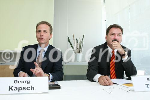 (C) fotodienst/Anna Rauchenberger - Wien, 18.06.2008 - Die Kapsch TrafficCom AG präsentiert die Zahlen für das Wirtschaftsjahr 2007/2008: Alle relevanten Ertragskennzahlen und damit die Profitabilität konnte deutlich gesteigert werden. FOTO v.l.: Georg Kapsch (CEO Kapsch), Erwin Toplak (COO Kapsch)