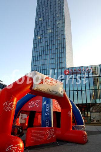 Euro Host City Basel: MUBA Exhibition Halls; Ramada Skyscraper; Credit Siusse Euro 08 Football tent Vor den Basler MUBA-Toren im Schatten (noch) Zürich's höchstem Büro-Gebäude; Ramada-Hotel,  UEFA, Fussball Europameisterschaft, Spiele,