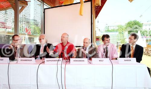 (C) fotodienst/Anna Rauchenberger - Wien, 28.05.2008 - Gesundes Sonnenbad - Bräunen ohne Risiko mit dem richtigen Sonnenschutz. FOTO v.l.: Michael Leitner (Public Health), Univ.-Prof. Dr. Hubert Pehamberger (Leiter der klinischen Abteilung für Allgemeine Dermatologie, Medizinische Universität Wien), Prim. Univ.-Prof. Dr. Klemens Rappersberger (Vorstand der Abteilung für Dermatologie, Rudolfsstiftung Wien), Univ.-Prof. Dr. Herbert Hönigsmann (Leiter der Universitätsklinik für Dermatologie und der Abteilung für spezielle Dermatologie und Umweltdermatosen, Medizinische Universität Wien), Univ.-Prof. Dr. Peter Wolf (Universitätsklinik für Dermatologie und Venerologie, Medizinische Universität Graz), Stephen Sandor (Geschäftsführer der Kwizda Pharma GmbH)


