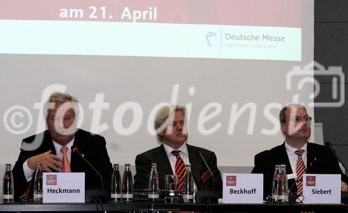 Sepp E. Heckman (Vorsitzender des Vorstandes, Deutsche Messe AG, Hannover); Hans Beckhoff (Geschäftsführer, Beckhoff Automation GmbH, Gütersloh) und Marco Siebert (Pressesprecher Hannover Messe, Deutsche Messe AG, Hannover). (C)Fotodienst/Markus Mirschel