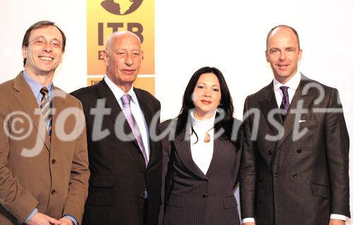 Dr. Martin Buck (Direktor KompetenzCenter Travel & Logistics, Messe Berlin); Klaus Leapple (Präsident des Bundesverbandes der Deutschen Tourismuswirtschaft e.V., BTW und Präsident des Deutschen ReiseVerbandes e.V., DRV, Berlin); Frau Magaly Toribio (Vizetourismusministerin der Dominikanischen Republik); Dr. Christian Göke (Geschäftsführer der Messe Berlin). (C)Fotodienst/Markus Mirschel