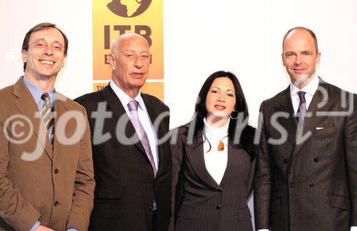 Dr. Martin Buck (Direktor KompetenzCenter Travel & Logistics, Messe Berlin); Klaus Leapple (Präsident des Bundesverbandes der Deutschen Tourismuswirtschaft e.V., BTW und Präsident des Deutschen ReiseVerbandes e.V., DRV, Berlin); Frau Magaly Toribio (Vizetourismusministerin der Dominikanischen Republik); Dr. Christian Göke (Geschäftsführer der Messe Berlin). (C)Fotodienst/Markus Mirschel