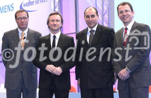 Christoph Teuner (Moderator, Medien-Coach); Thomas Kloibhofer (Vorstand der Competence Call Center AG); Dr. Reinhold Huber (Vice President Customer Relation Management Sales, Deutsche Lufthansa AG); Wolfgang Neumann (Geschäftsführer der Avis Autovermietung Deutschland). (C)Fotodienst/Markus Mirschel