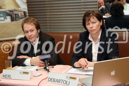 (C) Fotodienst/Anna Rauchenberger - 06.12.2007 - Wien - Die im Kyoto-Protokoll vereinbarten Ziele kann Österreich mit großer Wahrscheinlichkeit nicht einhalten. Die Bauwirtschaft könnte mit einem deutlichen Schwenk zu mehr Leichtbau ein wesentlicher Treiber in eine nachhaltigerer Zukunft sein. FOTO: DI Dr. Adolf Merl (PE International, Autor des Teilbereichs Nachhaltigkeit in der Studie 'Chancen und Potentiale des Leichtbaus', DI Zdenka Debartoli (Sprecherin von BAU.GENIAL).