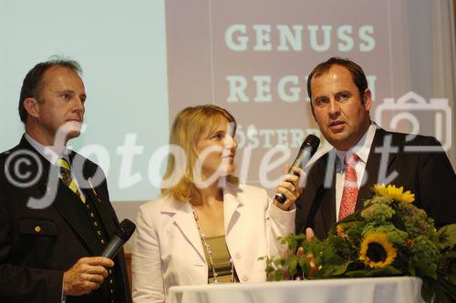 Salzburgs Agrar-Landesrat Sepp Eisl mit Moderatorin Birgit Perl und Bundesminister Josef Pröll