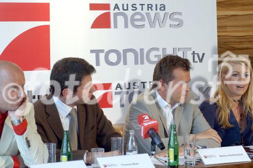 Die führende News-Sendung im österreichischen Privat-TV wird neu präsentiert. Bild v.l. Patrick Schubert(Programmverantwortlicher),Thomas Moor(Anchorman Austria News,ProSieben Austria),Markus Breitenecker(Geschäftsführer ProSieben Austria),Sabine Mord(Moderatorin Tonight tv ProSieben Austria)                                                                                                             