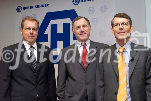 Bilanzmedienkonferenz Huber+Suhner AG. Bild: Urs Kaufmann, Vorsitzender der Konzernleitung; Dr. David W. Syz, Praesident des Verwaltungsrates; Bernhard Schwarzer, Leiter Finanzen