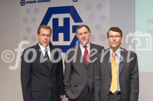 Bilanzmedienkonferenz Huber+Suhner AG. Bild: Urs Kaufmann, Vorsitzender der Konzernleitung; Dr. David W. Syz, Praesident des Verwaltungsrates; Bernhard Schwarzer, Leiter Finanzen