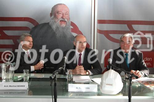 Einrüstung & Präsentation des Wirtschaftspartners Generali. Bild: Arch. Manfred Nehrer, Dr. Karl Stoss, Beppo Mauhart. Foto: Daniel K. Gebhart, am 19.01.06