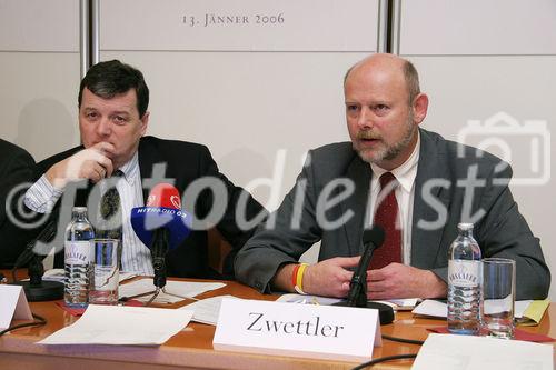  Die Österreichische Nationalbank präsentiert die Fälschungsstatistik 2005. Bild v.l.: Dr. Stefan Augustin (Hauptabteilungsleiter der Österreichischen Nationalbank), Mag. Erich Zwettler (BM für Inneres, Bundeskriminalamt). Foto: Anna Rauchenberger, am 13.01.2006