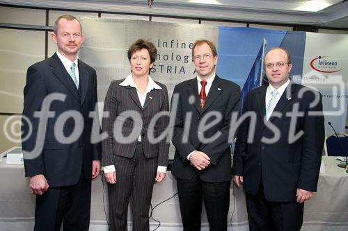 Infineon Bilanz erfolgreich. Bild v.l.: Peter Bauer (Vorstandsmitglied Infineon, Automotive Industrial Multimarket), Mag. Monika Kircher-Kohl (CFO Infineon), Dr. Reinhard Ploss (CEO Infineon, Group Senior Vice President & General Manager Business Group AIM), Dr. Werner Reczek (COO, Infineon). Foto: Anna Rauchenberger