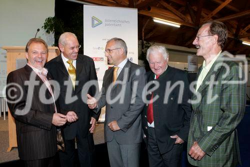 Erfindermesse Klagenfurt, Eröffnung, Messehalle 1, Bild vlnr: Albert Gunzer (WKK) , Dr. Friedrich Rödler (Präsident Österr. Patentamt), Peter Perdacher (Initiator Erfindermesse), KR Walter Dermuth (Messepräsident), Walter Zwick (Finanzstadtrat Klagenfurt)