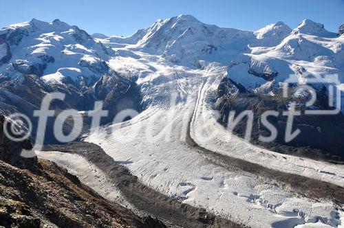 Der Klimawandel lässt die Gletscher schmelzen, wie hier am Fusse der Dufourspitze beim Gornergrad. The global clima change is responsable for melting glaciers.