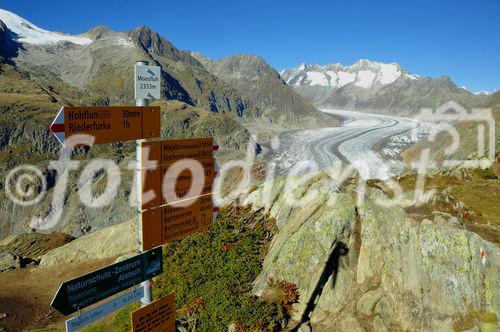 Wanderweg-Beschilderung auf der Moosfluh und Riederalp. Trekking path sign on Moosfluh/Riederalo near Aletschglacier. 