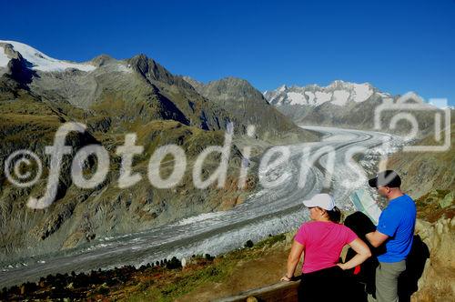 Von der Moosfluh (auf 2333 MüM) oberhalb der Riederalp haben Wanderer und Biker einen herrlichen Blick auf den längsten Gletscher der Schweizer Alpen. From Moosfluh above Riederalp trekkers and bikers have a wonderfull view to the longest melting glacier in the Swiss Alps