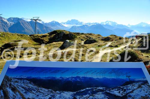 Bergpanorama-Tafel auf der Moosfluh und Riederalp. Swiss mountain panoramic panel on Moosfluh/Riederalp