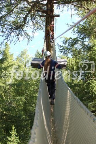 Abenteuer-Parcours im Walliser Wald bei Vercorin mit Hängebrücken und Seilwinden über 100 Meter. Adventure-Park for kids and adults in the forest near Vercorin in the Valley of 