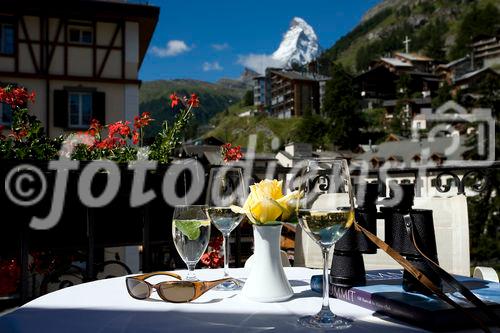 Grandioser Ausblick auf das Matterhorn vom Mont Cervin Palace. 