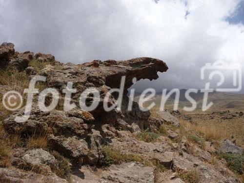 (C)Fotodienst/ Dr. Wilfried Seywald; Vom Basislager Gusfandsara auf 3.150 m geht es zu Fuß bergauf Richtung Damavand. Bis zur Schutzhütte Bargah-e Sevom auf 4.150 m passiert man Almwiesen mit Schaf- und Ziegenherden, Schotterfelder, bizarre Basaltgesteine, trockene Bachläufe, Lavafelder und zum Schluss vulkanisch geprägte Felslandschaften.