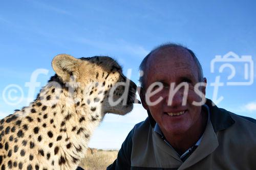 Der Farmer beim Spielplatz der Giganten zog vier Geparde auf und hat ein inniges Verhältnis zu den Raubkatzen. The farmer near Giaqnts playground has rising up four cheetahs and loves them very much. And the cats respond. 