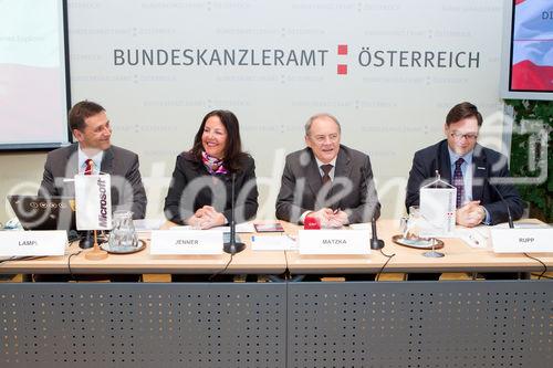 (c) fotodienst / Anna Rauchenberger - Wien, am 01.06.2010 -  Bei einer Pressekonferenz im Bundeskanzleramt wurde heute der erste E-Government Browser Österreichs vorgestellt. Die Initiative von Digitales Österreich mit Unterstützung von Microsoft Österreich soll in Zukunft allen ÖsterreicherInnen ihre E-Government Anwendungen erleichtern: Egal ob Rechtsauskunft, Lohnsteuerausgleich oder Sicherheitsinformationen. FOTO v.l.: Robert Lampl, Leiter Geschäftsbereich Online Services & Windows, Microsoft Österreich, Petra Jenner, Geschäftsführerin, Microsoft Österreich, Manfred Matzka, Sektionschef Sektion I, Bundeskanzleramt, Christian Rupp, Sprecher der Plattform Digitales Österreich, Bundeskanzleramt