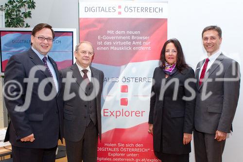 (c) fotodienst / Anna Rauchenberger - Wien, am 01.06.2010 -  Bei einer Pressekonferenz im Bundeskanzleramt wurde heute der erste E-Government Browser Österreichs vorgestellt. Die Initiative von Digitales Österreich mit Unterstützung von Microsoft Österreich soll in Zukunft allen ÖsterreicherInnen ihre E-Government Anwendungen erleichtern: Egal ob Rechtsauskunft, Lohnsteuerausgleich oder Sicherheitsinformationen. FOTO v.l.: Christian Rupp, Sprecher der Plattform Digitales Österreich, Bundeskanzleramt, Manfred Matzka, Sektionschef Sektion I, Bundeskanzleramt, Petra Jenner, Geschäftsführerin, Microsoft Österreich, Robert Lampl, Leiter Geschäftsbereich Online Services & Windows, Microsoft Österreich