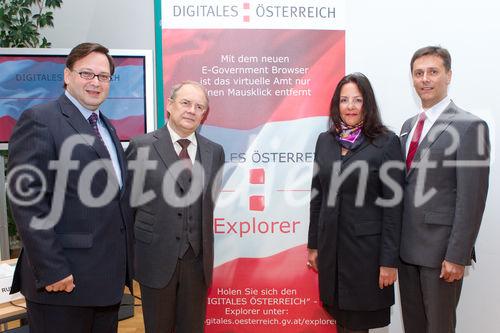 (c) fotodienst / Anna Rauchenberger - Wien, am 01.06.2010 -  Bei einer Pressekonferenz im Bundeskanzleramt wurde heute der erste E-Government Browser Österreichs vorgestellt. Die Initiative von Digitales Österreich mit Unterstützung von Microsoft Österreich soll in Zukunft allen ÖsterreicherInnen ihre E-Government Anwendungen erleichtern: Egal ob Rechtsauskunft, Lohnsteuerausgleich oder Sicherheitsinformationen. FOTO v.l.: Christian Rupp, Sprecher der Plattform Digitales Österreich, Bundeskanzleramt, Manfred Matzka, Sektionschef Sektion I, Bundeskanzleramt, Petra Jenner, Geschäftsführerin, Microsoft Österreich, Robert Lampl, Leiter Geschäftsbereich Online Services & Windows, Microsoft Österreich