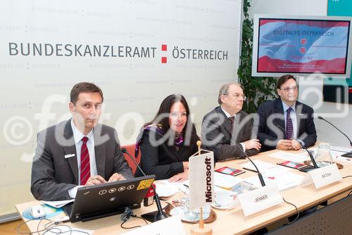 (c) fotodienst / Anna Rauchenberger - Wien, am 01.06.2010 -  Bei einer Pressekonferenz im Bundeskanzleramt wurde heute der erste E-Government Browser Österreichs vorgestellt. Die Initiative von Digitales Österreich mit Unterstützung von Microsoft Österreich soll in Zukunft allen ÖsterreicherInnen ihre E-Government Anwendungen erleichtern: Egal ob Rechtsauskunft, Lohnsteuerausgleich oder Sicherheitsinformationen. FOTO v.l.: Robert Lampl, Leiter Geschäftsbereich Online Services & Windows, Microsoft Österreich, Petra Jenner, Geschäftsführerin, Microsoft Österreich, Manfred Matzka, Sektionschef Sektion I, Bundeskanzleramt, Christian Rupp, Sprecher der Plattform Digitales Österreich, Bundeskanzleramt