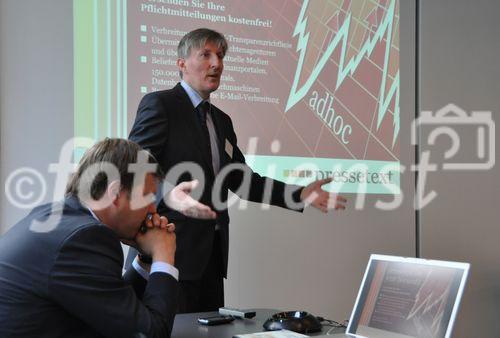 (C) fotodienst/Müller; pressetext-Geschäftsführer Dr. Franz Temmel und Dow Jones Vertreter Michael Tallai präsentierten am 11. Mai in der Züricher Börse SIX Swiss Exchange Zürich den neuen Dienst für Pflichtveröffentlichungen, pressetext.adhoc. IR-Profis und Vertreter börsekotierter Unternehmen informierten sich ausgiebig über die Vorteile des Dienstes. Die Nachrichtenagentur bietet den Versand von Pflichtmitteilungen kostenfrei an, wenn der Emittent ein gültiges Aussenderkonto bei pressetext führt.

