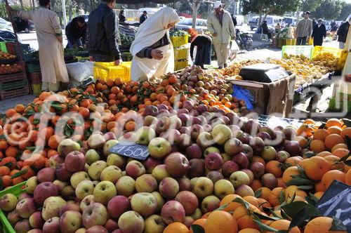 Frisches Obst, Zitrusfrüchte, Gemüse und Gewürze gibt es Tonnenweise auf den Märkten wie hier in Zaghouan zu kaufen.