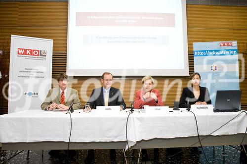 (c) fotodienst / Anna Rauchenberger - Wien, am 02.12.2009 - Heute wurde in der Wirtschaftskammer Wien die neue Karmasin - Studie 'Erfolgsstrategien österreichischer Unternehmen aus der Krise' präsentiert. Die Studie soll als Wegweiser für wirtschaftlich schwierige Momente dienen. Die Wirtschaftskammer Wien bietet mit 'Fit 2010'  Wiener KMUs ein konzentriertes Maßnahmenbündel zum Durchstarten. FOTO v.l.: Pressesprecher, Alfred Harl, CMC, Obmann Fachverband Unternehmensberatung und Informationstechnologie (UBIT), KR Brigitte Jank, Präsidentin Wirtschaftskammer Wien, Dr. Sophie Karmasin, Karmasin Motivforschung