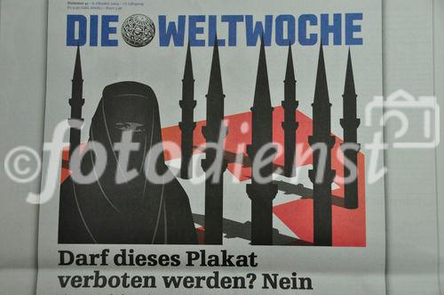 Weltwoche Titelseite mit Minarettverbots-Plakat und der Frage, ob dieses zensuriert werden darf/soll.