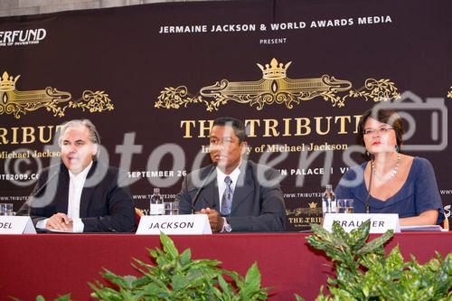 (C) fotodienst/Anna Rauchenberger - Wien 08.09.2009 - Heute fand im Rathaus in Wien die Pressekonferenz zu 'The Tribute In Memory of Michale Jackson' statt. Im Rahmen des Konzertes zu Ehren des am 25. Juni 2009 überraschend verstorbenen Sängers, das am 26. September 2009 vor dem Schloss Schönbrunn vor 65 000 Menschen stattfinden wird, werden zahlreiche internationale Stars Songs  von Michael Jackson interpretieren. FOTO v.l.: Georg Kindel, Veranstalter und Executive Producer von THE TRIBUTE, Jermaine Jackson, Bruder von Michael Jackson, Initiator und Co-Produzent des Tribute Concerts, Renate Brauner, Vizebürgermeisterin Wien.