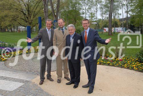 Bgm von Bad Schallerbach Gerhard Baumgartner, LR Josef Stockinger, LH Josef Pühringer, Markus Achleitner - GF EurothermenResorts; 
Bad Schallerbach 'BOTANICA 2009' - Presseführung durch Landesgartenschau