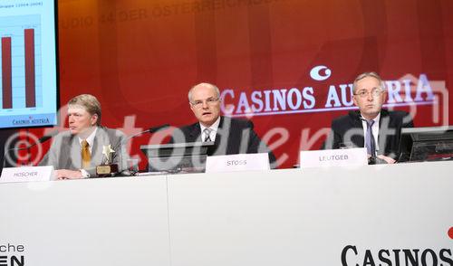 (C) fotodienst/Anna Rauchenberger - Wien, 3.4.2009 - Bilanzpressekonferenz der Casinos Austria im Studio 44 am Rennweg. Die Casinos Austria konnten eine positive Umsatzentwicklung verzeichnen. FOTO v.l.:  Mag. Dietmar Hoscher, Vorstand Casinos Austria, Dr. Karl Stoss, Generaldirektor und Vorstandsvorsitzender der Österreichischen Lotterien und der Casinos Austria, Mag. Josef Leutgeb, Finanzvorstand der Casinos Austria.