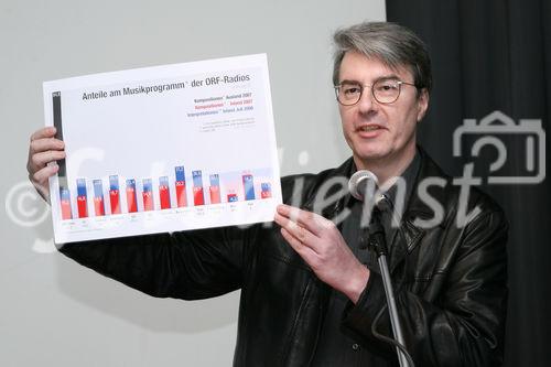 (C) fotodienst/Anna Rauchenberger - Wien, 18.3.2009 - In den ORF Radiosendern liegt der Anteil der Musik aus Österreich weit unter dem europäischen Schnitt. Nun soll eine freiwillige Vereinbarung zwischen ORF und SOS-Musikland.at (Freie Plattform der Musikschaffenden- und Musikproduzentenverbände Österreichs) zur Steigerung des Anteils von Musik aus Österreich in den Radioprogrammen des ORF getroffen werden. Die bisherigen Vorschläge des ORF sind für SOS-musikland.at unzureichend. FOTO: Peter Paul Skrepek, Musikergilde