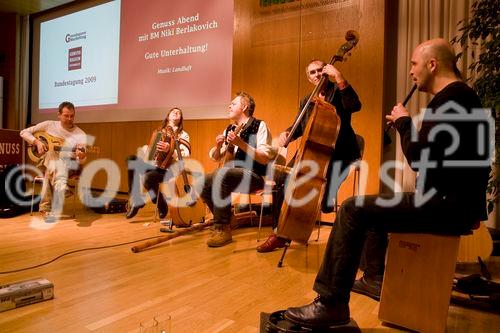 (C) fotodienst/Erika Mayer- Salzburg, 22.01.2009. Heffterhof Salzburg - Vertreter von über 100 Regionen nahmen an der Bundestagung der Genuss Region Österreich am Donnerstag in Salzburg teil. Höhepunkt der Veranstaltung war ein Empfang des neuen Landwirtschaftsministers Niki Berlakovich, der die Fortführung der erfolgreichen Initiative versprach. Die Genuss Region Österreich soll qualitativ und quantitativ weiter vertieft werden. Musikgruppe Landluft