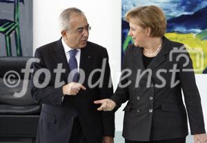 Berlin,den 23.01.2008
Foto: Bundeskanzlerin Angela Merkel empfaengt den Premierminister der palaestinensischen Behoerde, Dr. Salam Fayyad.
Copyright by: Reiner Zensen,
Gallierweg 15,53117 Bonn,
Tel.0170-8119315 
Mail: photo@reinerzensen.de
{Postbank Koeln Konto-Nr.425811505;
BLZ 37010050,
Veroeffentlichung gegen Honorar plus 7% Mwst.,Steuer-Nr. 205/5336/1051,Finanzamt Bonn-Innenstadt}, {Honorarpflichtiges Pressebild,Verwendung gegen Honorar nach Vereinbarung u.Belegexemplar.Keine Weitergabe an Dritte,keine Syndikation,keine Aufnahme in Archive oder Datenbanken,welche Dritten offenstehen.}, {No Syndication,no passing on to third parties,no taking up in archives or databanks,which are open to anyone}.