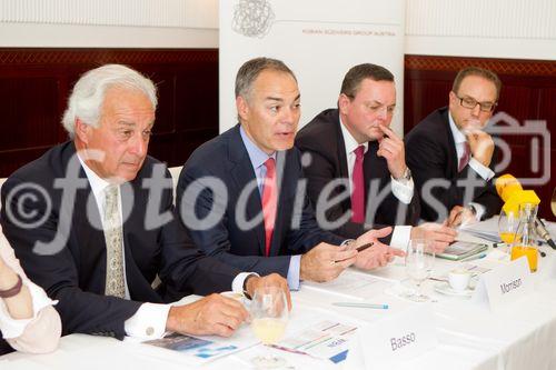 (C) fotodienst.at /Anna Rauchenberger  - Wien, 14.07.2011 - Die Zahl der Naturkatastrophen wird immer größer, die Schäden – auch für die Wirtschaft – werden immer dramatischer. Wie sich die Versicherungswirtschaft und ihre Kunden auf diese Situation einstellen können, erörtert das weltgrößte unabhängige Makler-Netzwerk WBN (Worldwide Broker Network) bei seiner aktuellen Tagung an diesem Wochenende in Wien. Heute fand hierzu im ‚Schwarzen Kameel’ eine Pressekonferenz statt. FOTO v.l.:  Bruce Basso, CEO Worldwide Broker Network, Neil Morrison, Chairman Worldwide Broker Network, Dr. Klaus Koban, GF der Koban Südvers Group Austria, Dipl. Betriebswirt Florian Karle (BA)