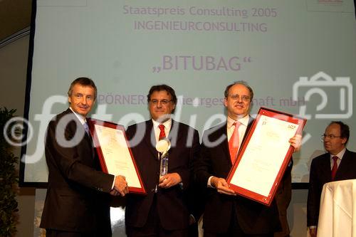 Staatspreis Consulting Verleihung durch HBM Dr. Martin Bartenstein
Die Staatspreisträger:
ACA Staatspreis - BITUBAG - Pörner Ingenieurgesellschaft mbH;
UBIT Staatspreis - XRangeEye/Lounge 5.0 - MGS Softwareentwicklung                               