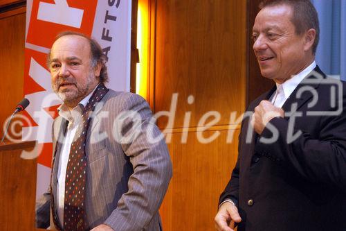 (C)fotodienst/Mag. Daniel Katzinger - Wien 17.11.2006
Das Komitee der bedeutendsten internationalen Tourismusfilm-Festivals CIFFT prämiert heuer zum 18. Mal den weltbesten Tourismusfilm des Jahres 2006.
Foto v.l.: Hr. Curt Faudon (Faudon Movies, Filmproduzent v. City Dance Film), Dr. Arthur Oberascher (ehem. Direktor von ÖW u. Vorstandsvorsitzender der Arcotel-Gruppe)