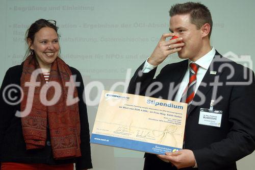 (C)fotodienst/Mag. Daniel Katzinger - Wien 30.01.2007,
NPO-Forum und Stipendiumsübergabe für das NPO-Stufenprogramm 
Foto v.l.: Mag. Edith Heller (Operative Leiterin, Roten Nasen), Ing. Mag. (FH)  Michael Blazicevec (CP CORPORATE PLANNING AG )