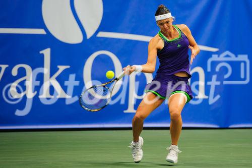 Nicole Rottmann (AUT) spielt den Ball gegen Jana Cepelova (SVK) auf Slovak Open 2011. Nicole verlor gegen Jana 63, 6:0 und ist nicht ins Achtelfinale gekommen. NTC Sibamac Arena, Bratislava, Mittwoch 16.11.2011
